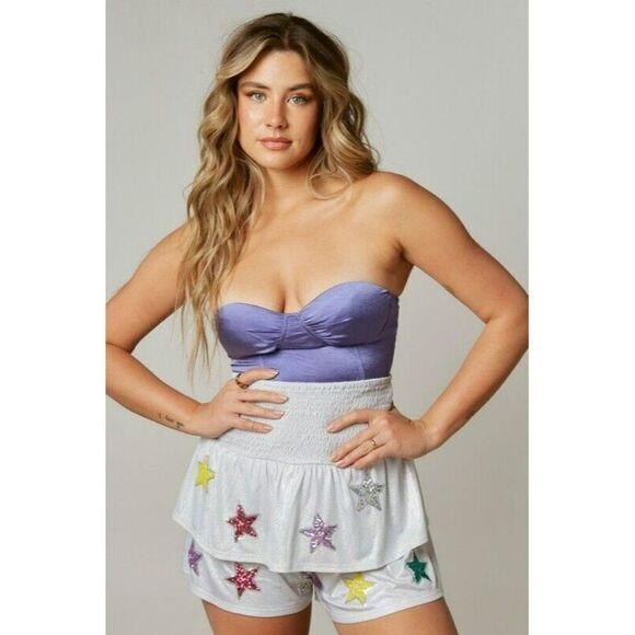 Peach Love All the Stars R Closer Layered Sequin Star Shorts Silver IKP54111-01 - Picture 8 of 12